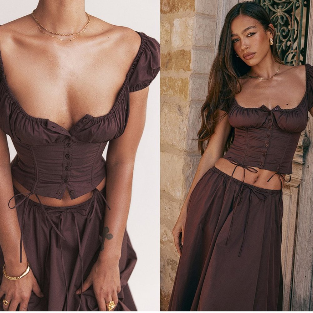 HOUSE OF CB 'Kitty' & ‘Cora’ Rich Brown Gathered Midi Skirt Set NWOT - Picture 2 of 12